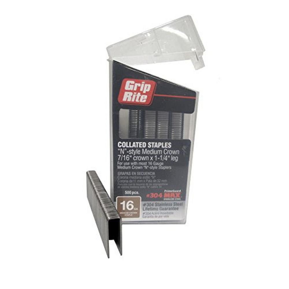 Photo 1 of 1-1/4 in. x 16-Gauge 304 Stainless Steel N-style Medium 7/16 in. Crown Staples (500 per Box)