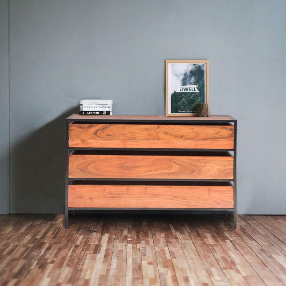 The Urban Port 3 Drawer Brown And Black Spacious Acacia Wood Chest