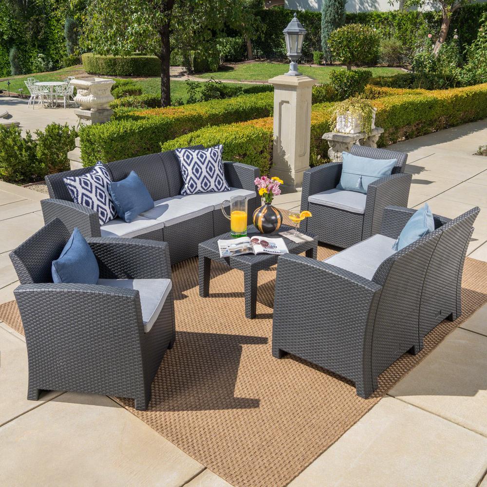 Gray Patio Conversation Sets Outdoor Lounge Furniture The Home 5 Piece Wicker Patio Seating Set With Light Gray Cushions