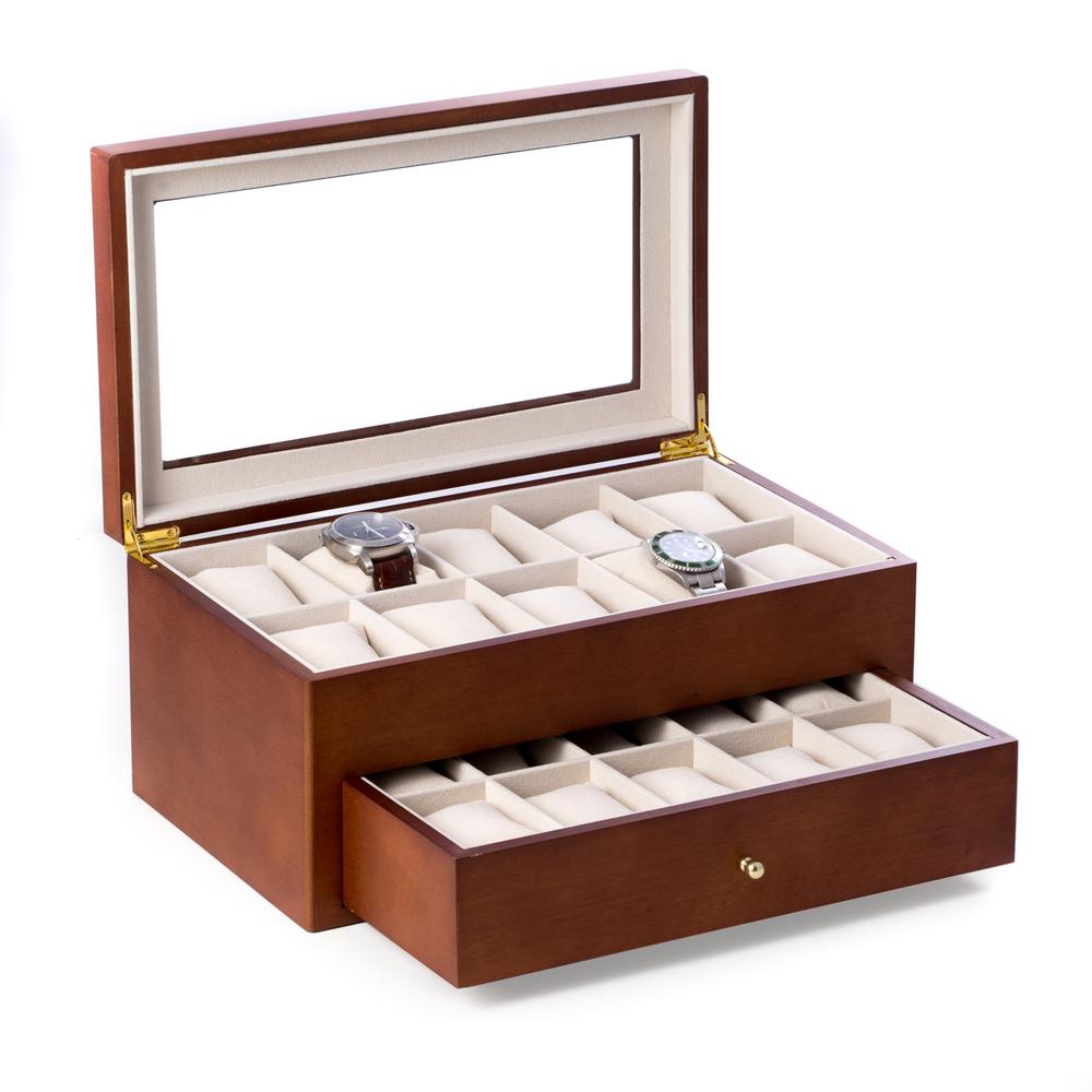 Bey Berk Cherry Wood 20 Watch Box With Glass Top And Drawer Velour