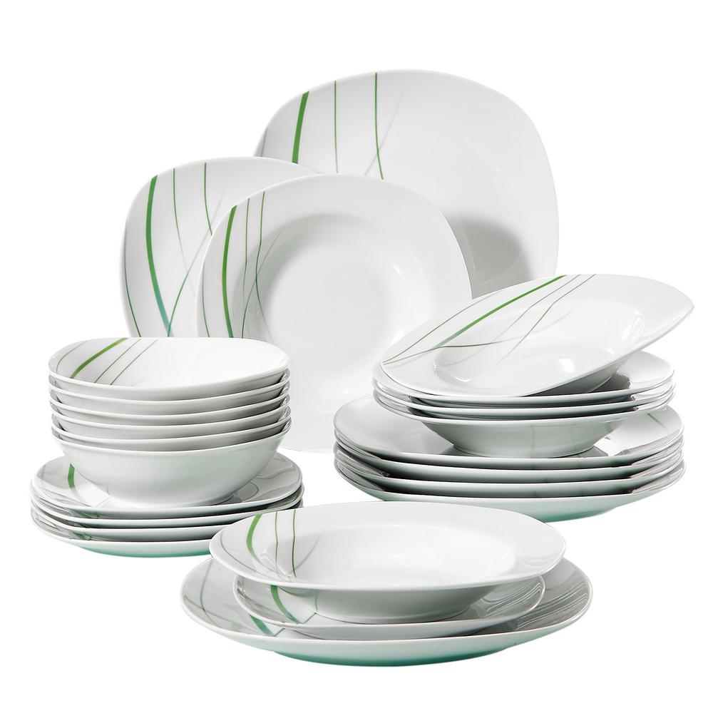 Veweet Aviva 24 Piece Casual Ivory White With Green Stripe Porcelain Dinnerware Set Service For