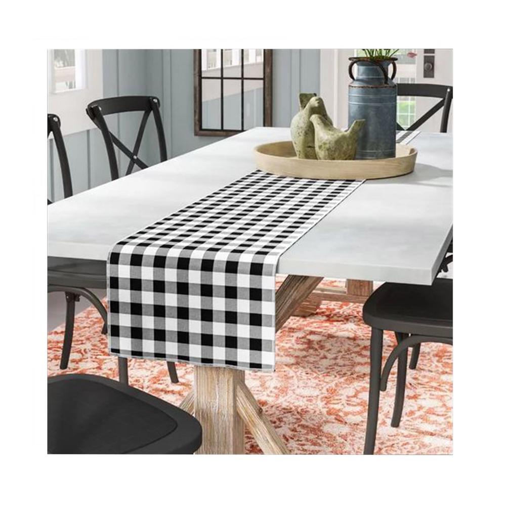 LA Linen 14 in. x 108 in. White and Black Polyester Gingham Checkered ...