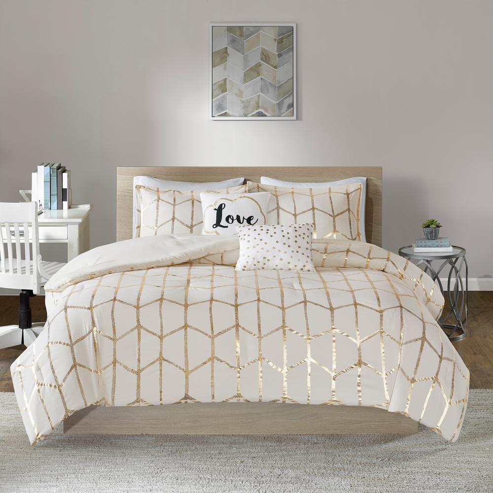 Aqua//White Embroidered Colorblock 5-Piece Full//Queen Comforter Set
