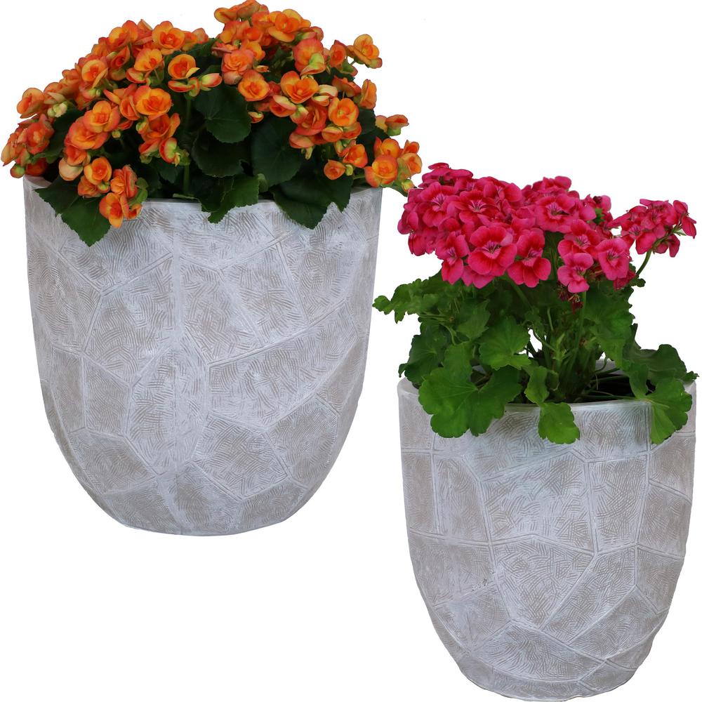 Sunnydaze Decor Set Homestead Fiber Clay Planter Flower Pot Durable Indoor Outdoor Use Light Gray Carved Stone 2 Piece