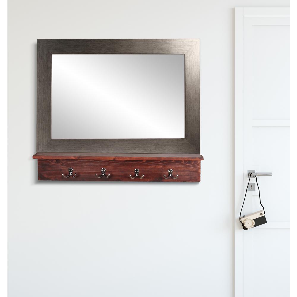 Silver Grain Small Mirror With Dark Brown Shelf And 4 Peg Hook
