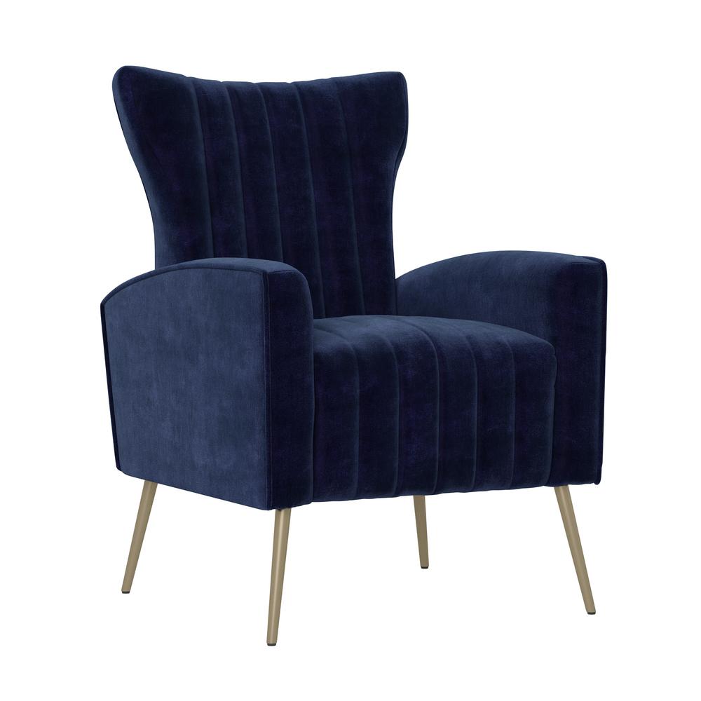 blue tufted armchair