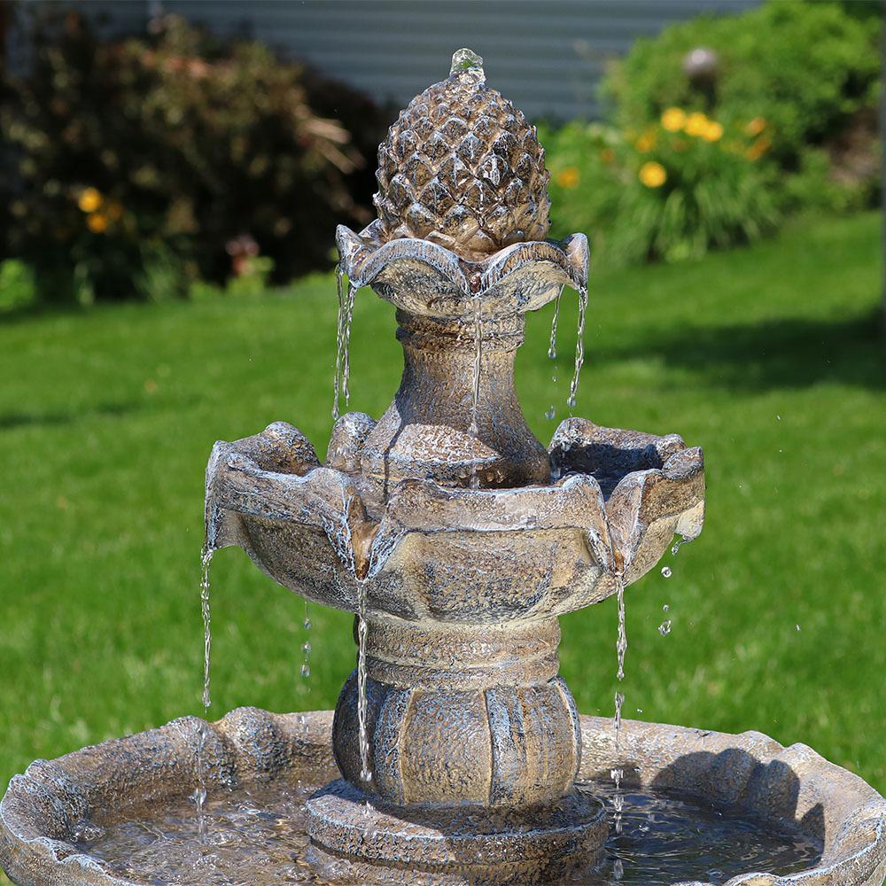 Outside Garden and Patio Water Feature with Rechargeable Solar Battery Sunnydaze Dual Pineapple 2-Tier Solar with Battery Backup Outdoor Water Fountain with LED Lights 34-Inch