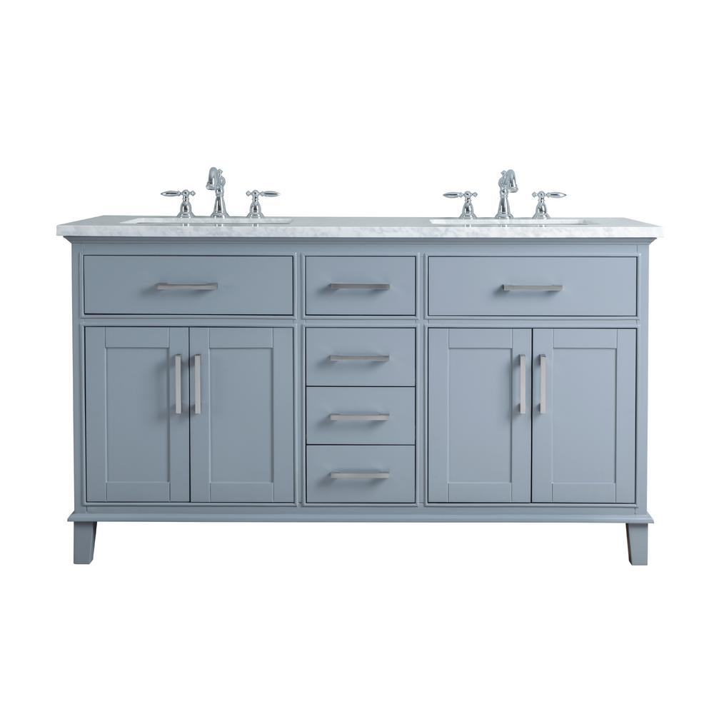 Stufurhome 60 In Leigh Double Sink Bathroom Vanity In Grey With Carrara Marble Vanity Top In White With White Basin