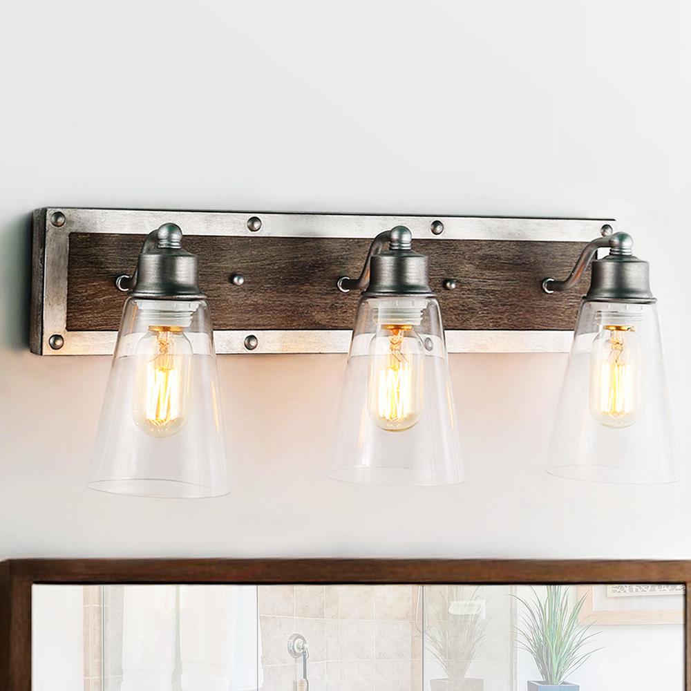 LNC 3Light Farmhouse Antique Gray Wood Vanity Light with Clear Bell