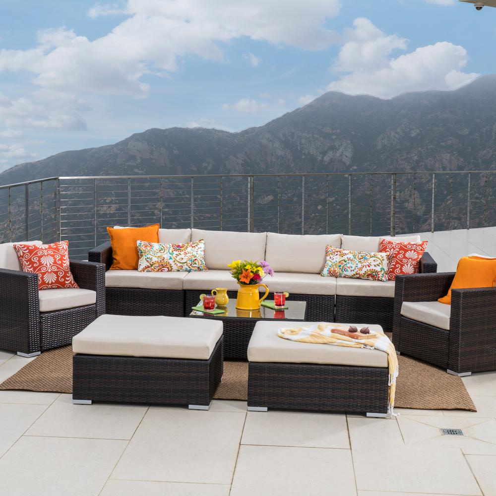 Noble House Santa Rosa Multi Brown 9 Piece Wicker Outdoor Sectional Set With Beige Cushions