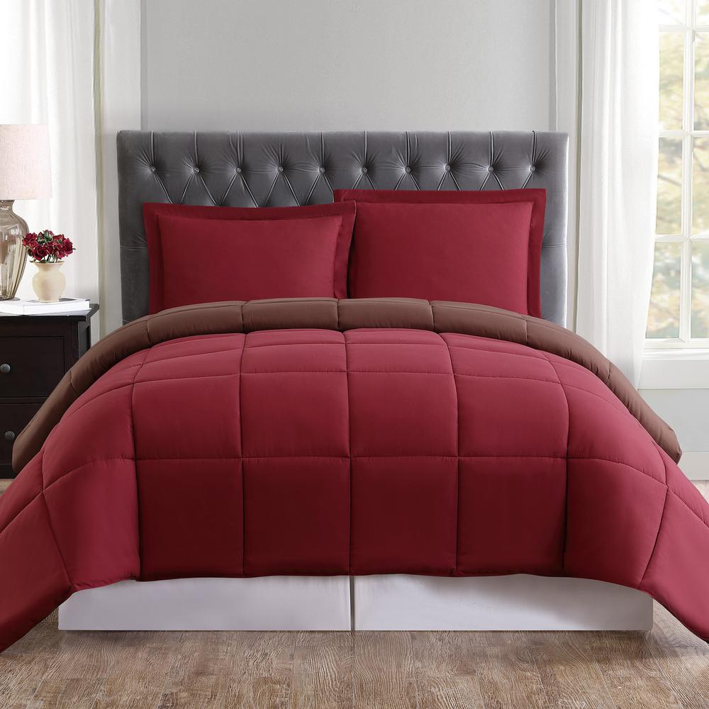 Truly Soft Everyday Reversible Comforter Set 3Piece Burgundy and Brown Full and Queen Comforter