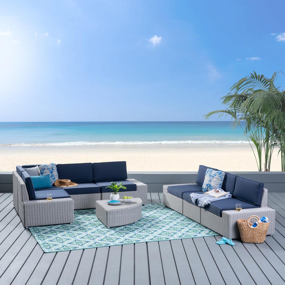 Noble House Santa Cruz Chalk Gray 8 Piece Wicker Patio Conversation Set With Navy Blue Cushions