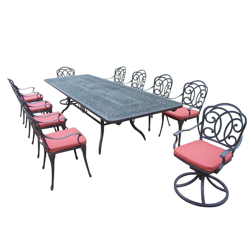 Cast Aluminum Extendable Table No Additional Features Patio 11 Piece Aluminum Outdoor Dining Set With Red Cushions