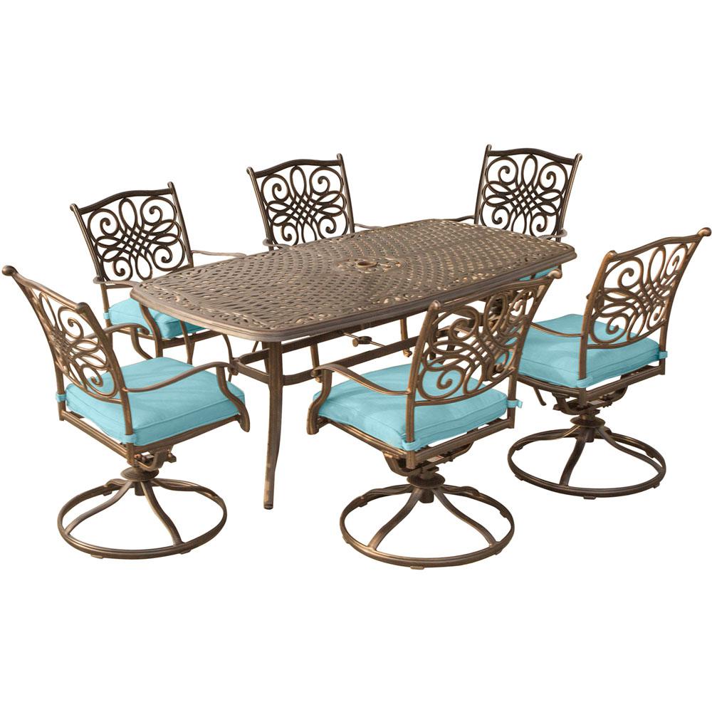Hanover Traditions 7 Piece Aluminum Outdoor Dining Set With Rectangular Cast Top Table And Swivel Chairs Blue Cushions