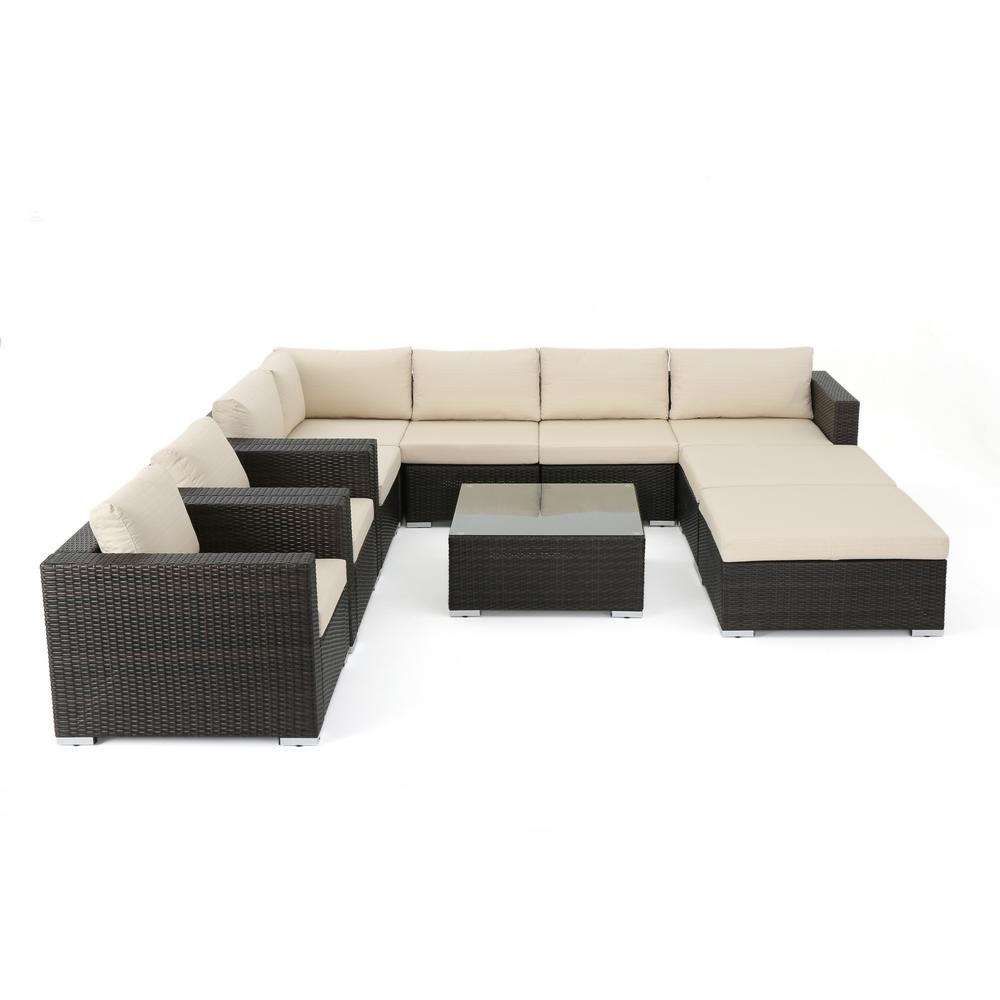 Noble House Dominique 10-Piece Wicker Outdoor Sectional Set with Beige ...