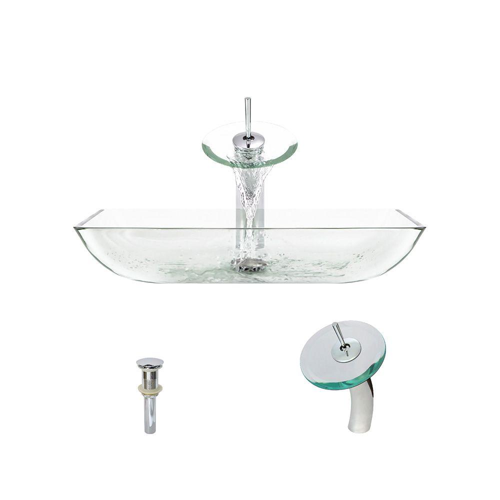 MR Direct Glass Vessel Sink in Crystal with Waterfall Faucet and PopUp