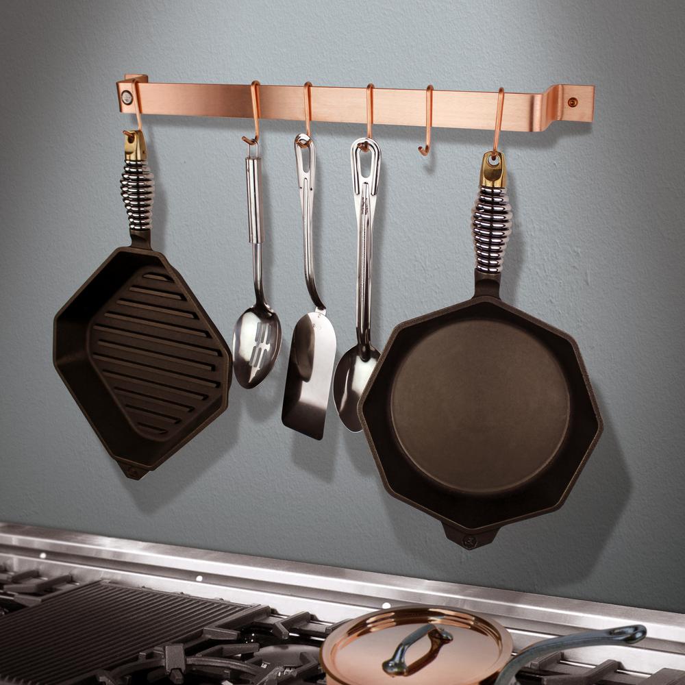 Handcrafted 30 In Brushed Copper Easy Mount Wall Rack With 6 Hooks