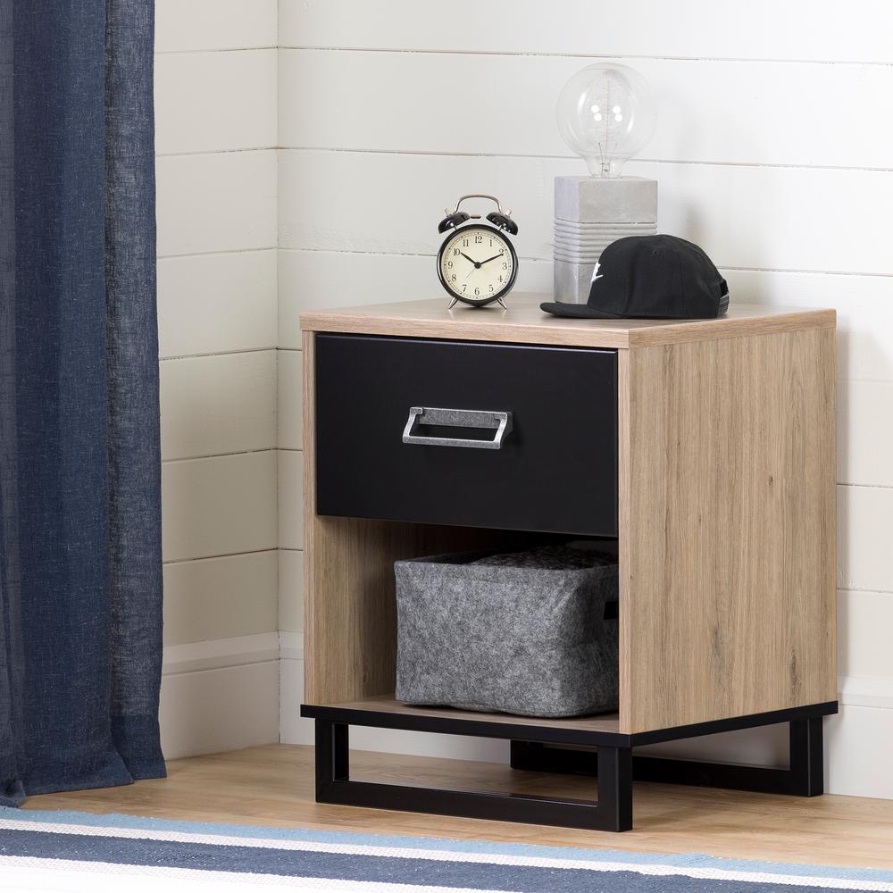 South Shore Induzy 1 Drawer Rustic Oak And Matte Black Nightstand 11021 The Home Depot