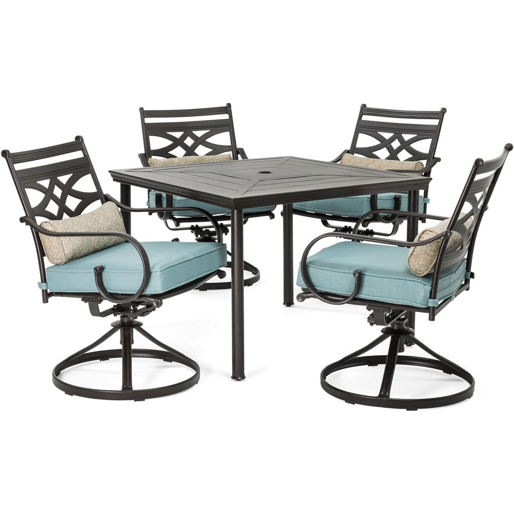 Hanover Montclair 5 Piece Metal Outdoor Dining Set With Ocean Blue Hanover Montclair 5 Piece Metal Outdoor Dining Set With Ocean Blue Cushions Swivel Rockers And Table Mclrdn5pcsqsw4 Blu The Home Depot