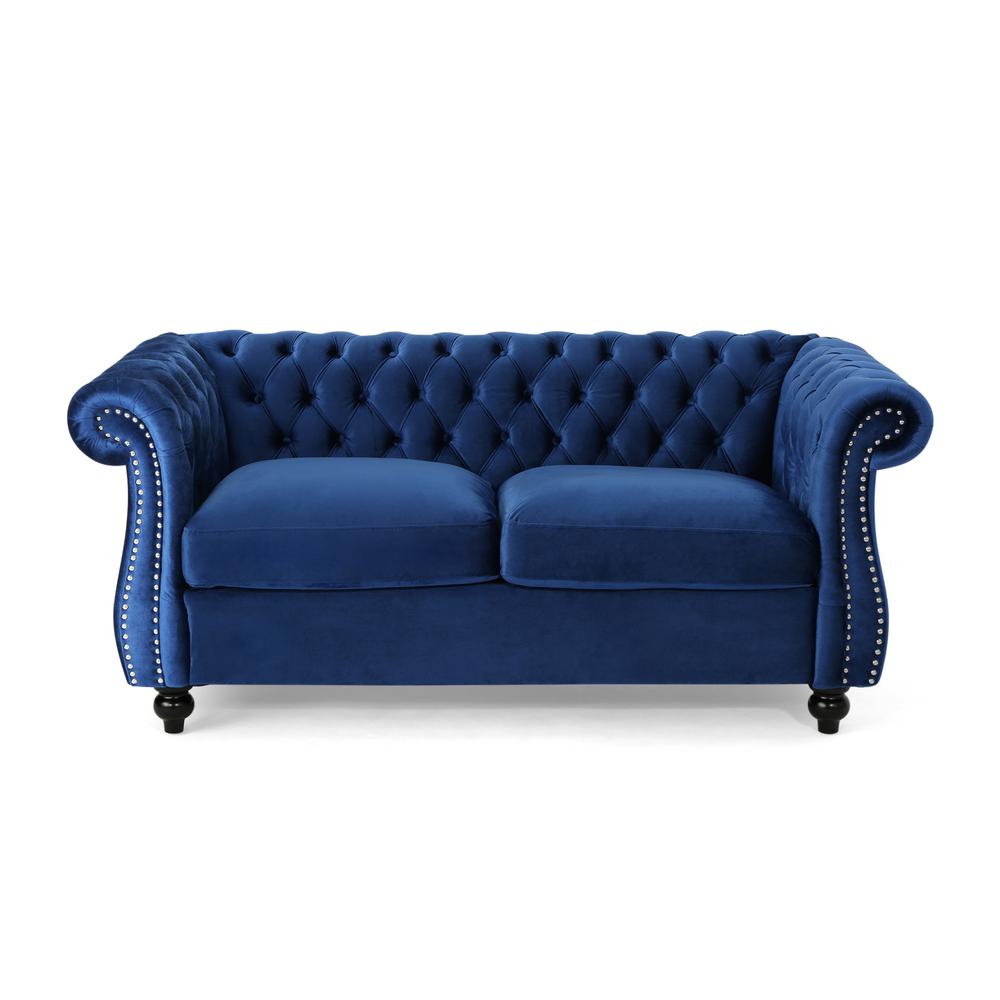 Somerville Traditional Tufted Navy Blue Velvet Chesterfield Loveseat Sofa With Studded Accents
