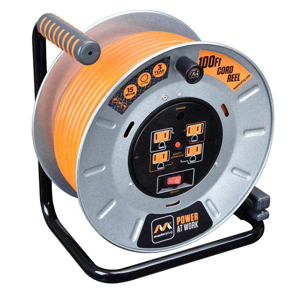 Masterplug 100 ft. 15 Amp 12 AWG Large Open Metal Reel with 4-Sockets