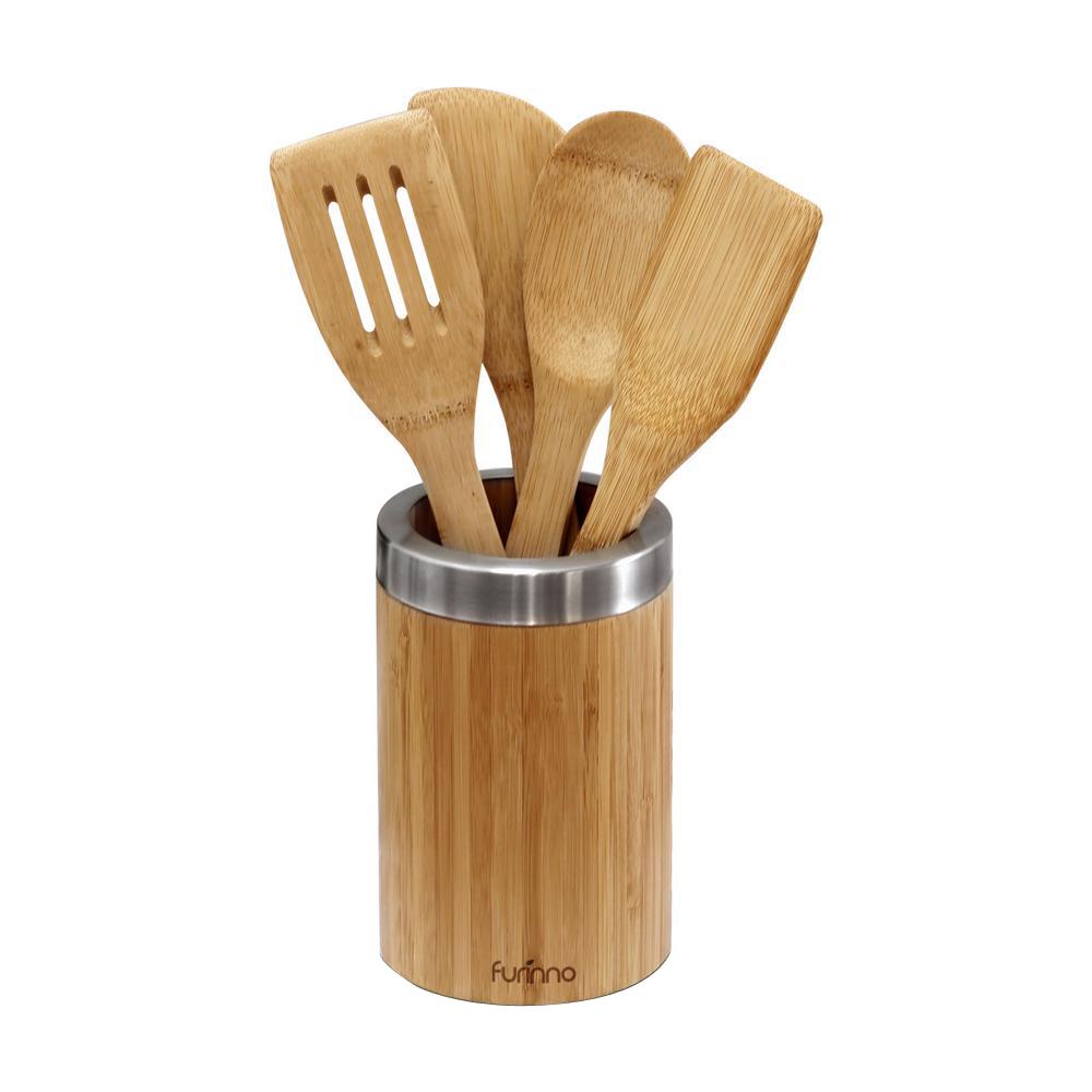 Kitchen Utensil Sets Utensils The Home Depot Dapur Bamboo Kitchen Utensil With Round Holder Set Of 5
