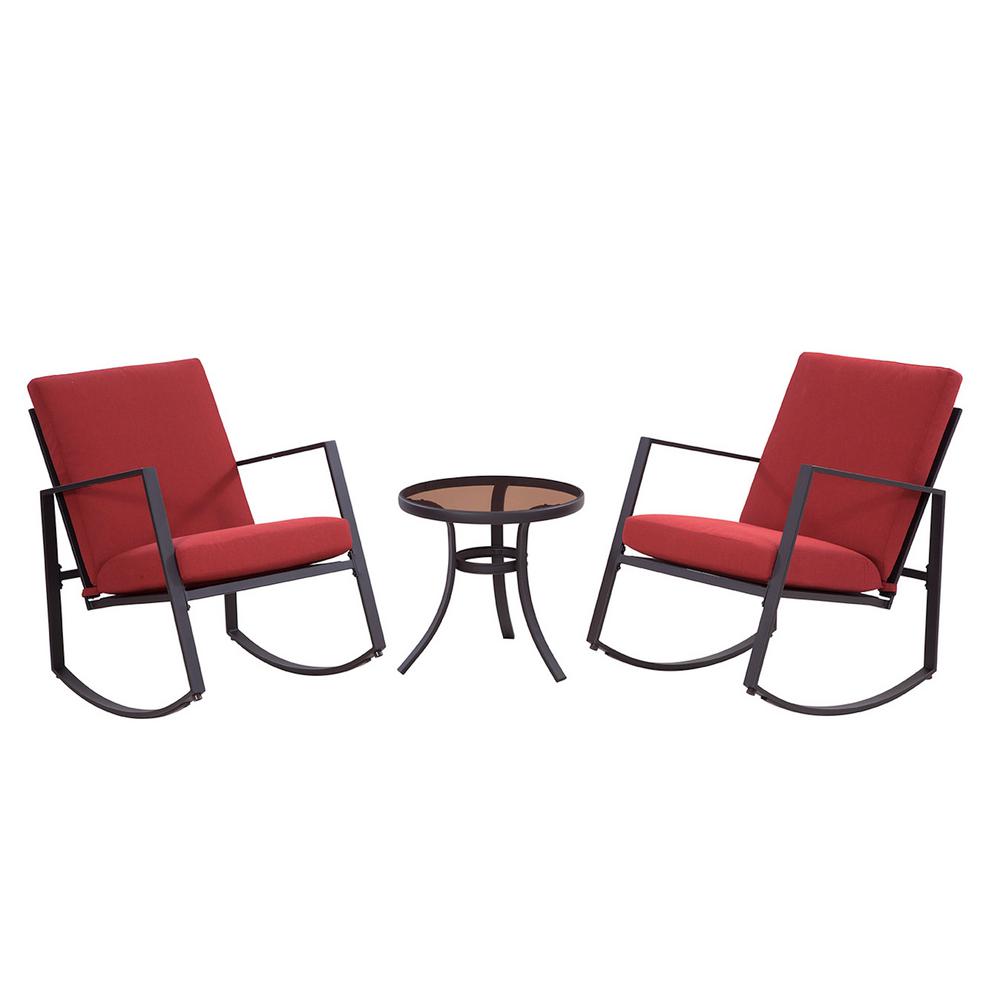 Liberty Garden Aurora 3 Piece Metal Outdoor Rocking Chair Set With Liberty Garden Aurora 3 Piece Metal Outdoor Rocking Chair Set With Red Cushions