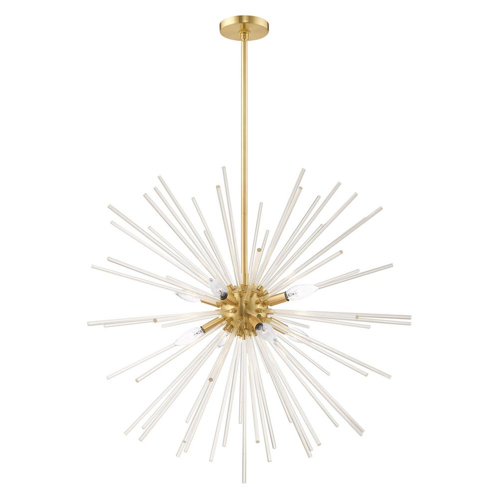 Livex Lighting Utopia 8 Light Satin Brass Starburst Pendant Chandelier With Clear Crystal Rods