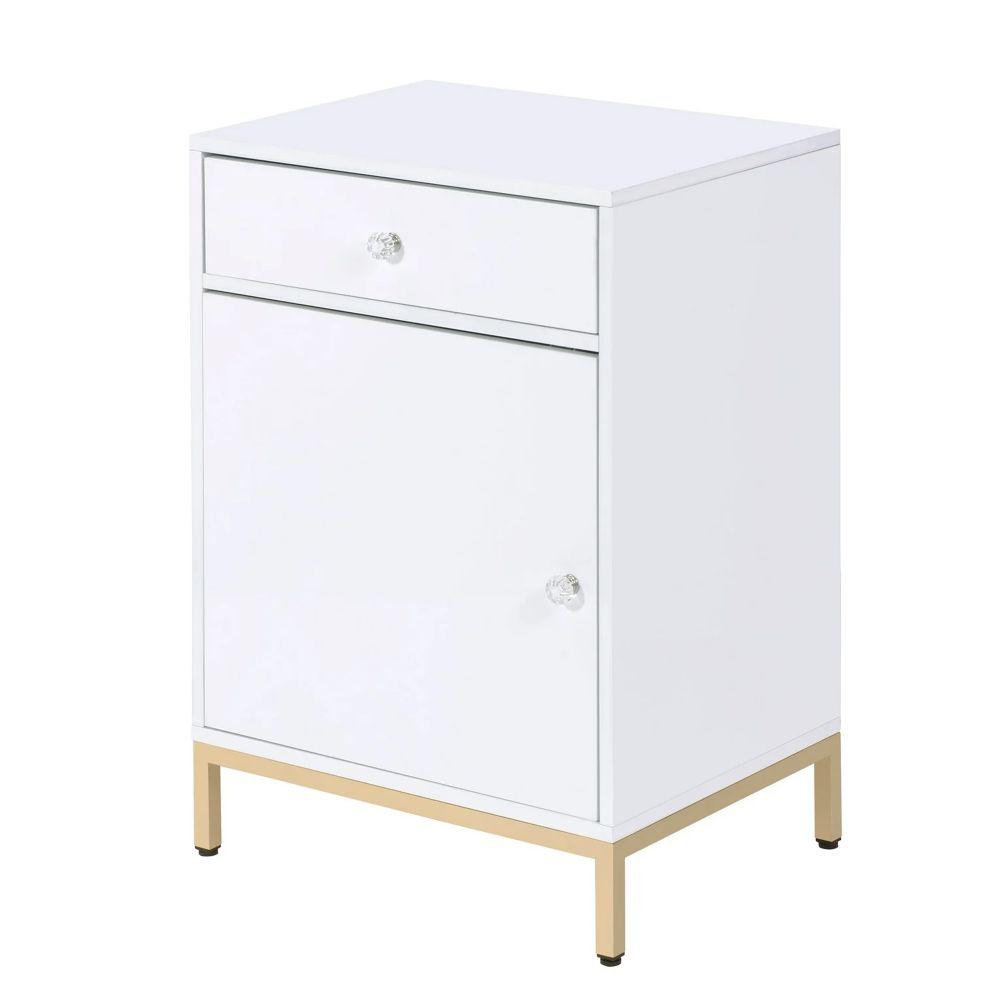 Benjara White And Gold Metal Base With Drawer And Door Storage Wooden Cabinet Bm194314 The Home Depot