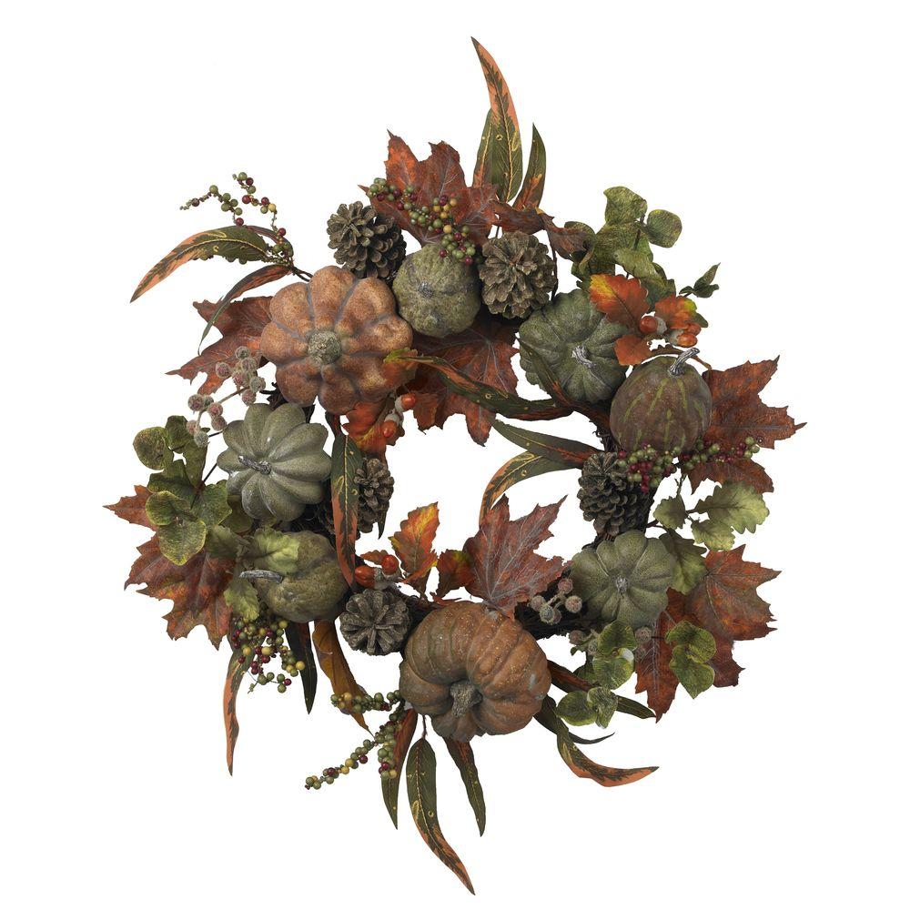 Pine Cones Gourds and Maple Leaves Festive Fall 26 Wreath with Pumpkins Berries