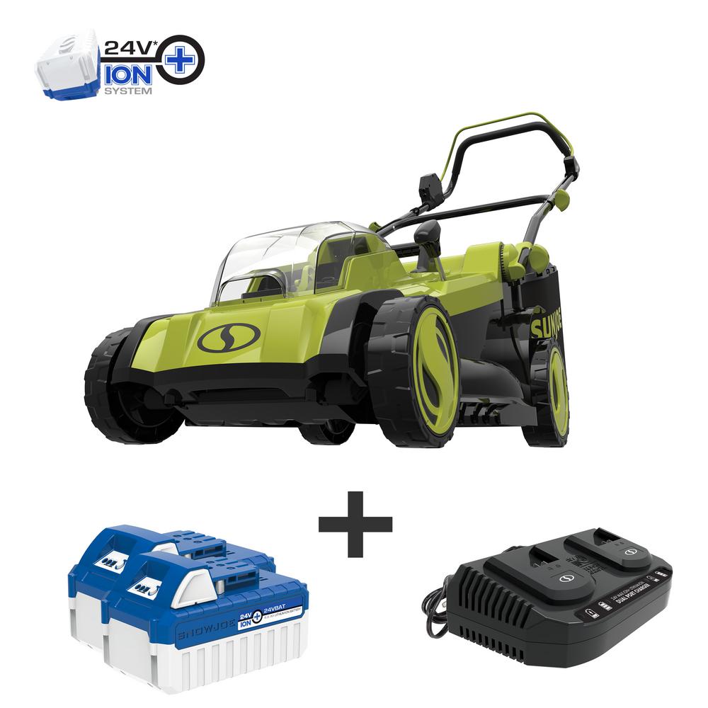 Sun Joe 24V-X2-17LM 48-Volt iON+ Cordless Lawn Mower Kit, 17-inch, 6-Position, W/ 2 x 4.0-Ah Batteries, Dual Charger, and Collection Bag