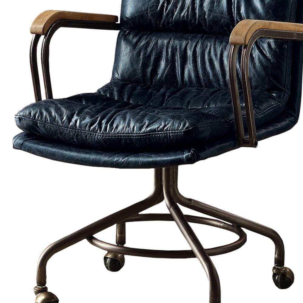 Benjara Vintage And Blue Metal Leather Executive Office Chair