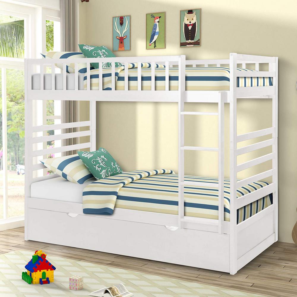 Merax White Twin Over Solid Wood Bunk Bed With Trundle Merax White Twin Over Solid Wood Bunk Bed With Trundle Sk000015aak The Home Depot
