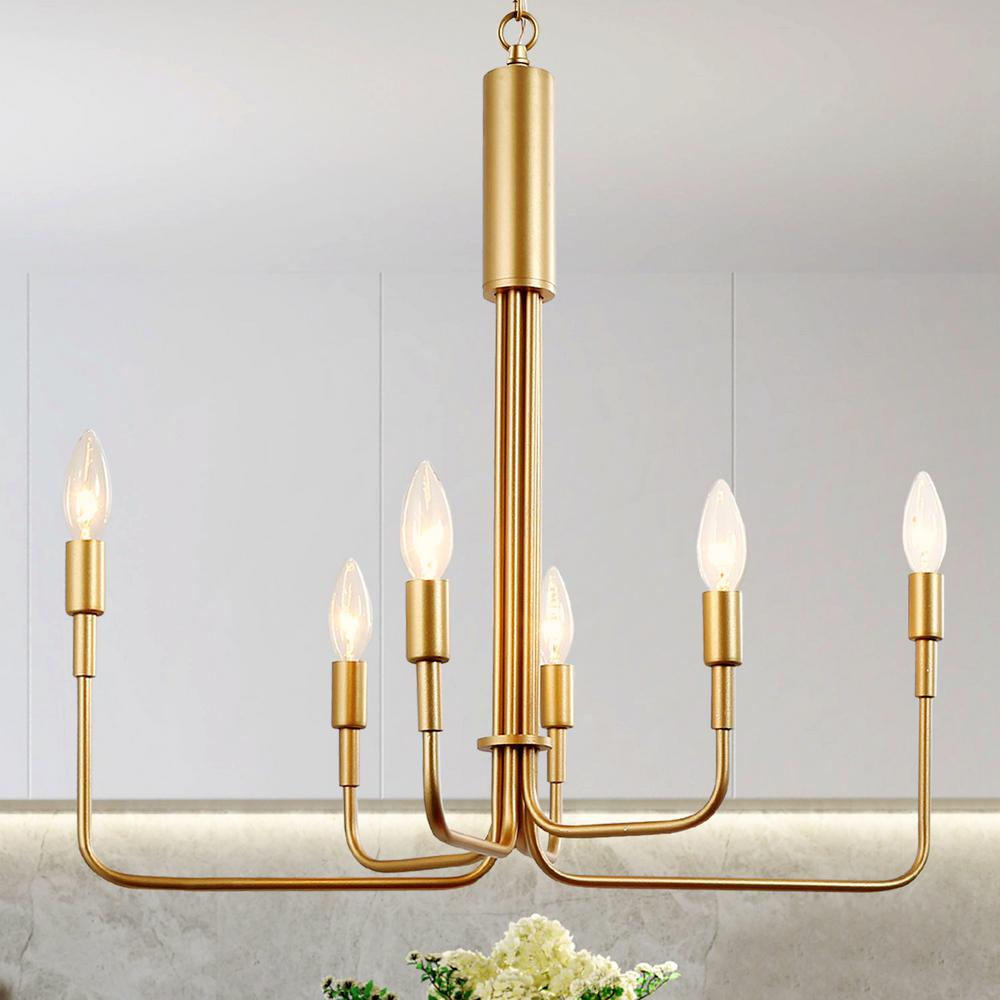Laluz Modern Farmhouse Chandelier 6 Light Brass Gold Candlestick Foyer Island Pendant Llumimhl13599qz The Home Depot - Candlestick Pendant Lamp