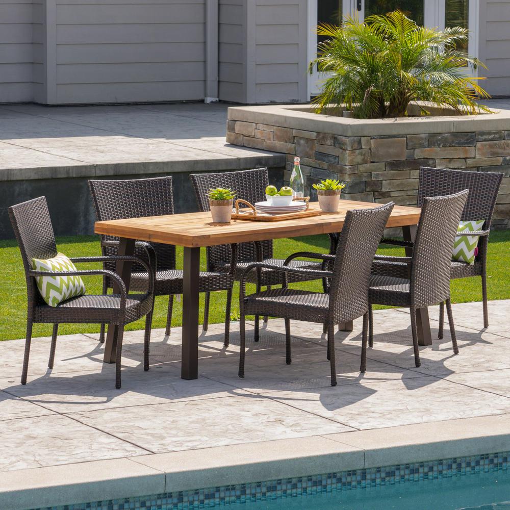 Noble House Malani 7 Piece Wood And Wicker Outdoor Dining Set With Stacking Chairs 41763 The Home Depot
