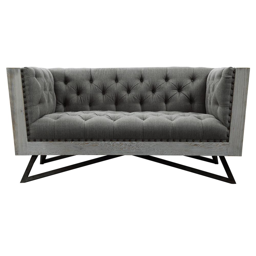 Armen Living Regis Grey Fabric With Black Metal Legs And Antique Brown Nailhead Accents Contemporary Loveseat