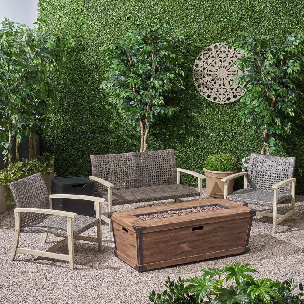Noble House Azalea Light Grey 3 Piece Wood Patio Fire Pit Seating Set 65843 The Home Depot