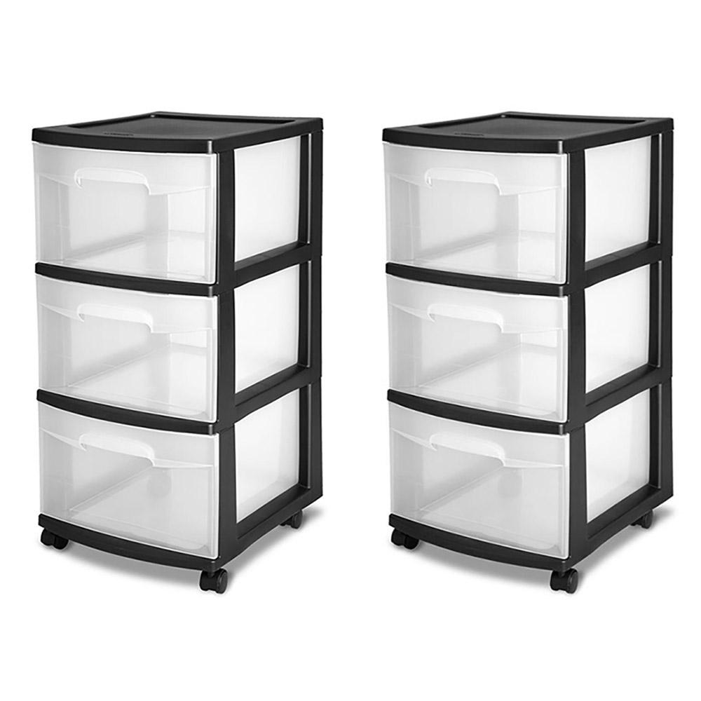 Sterilite 3 Drawer Storage Cart Clear With Black Frame 2 Pack 2