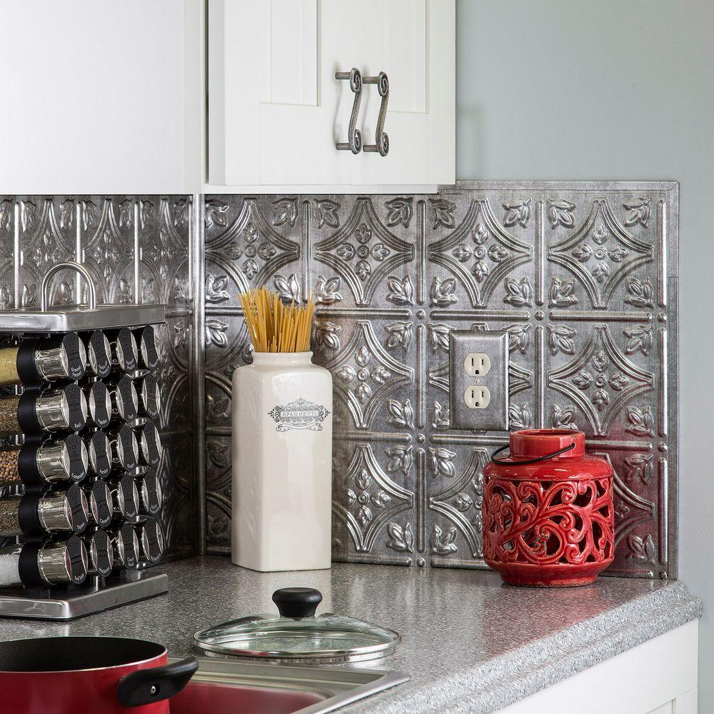 Fasade 18 In X 24 In Traditional 1 PVC Decorative Backsplash Panel In Crosshatch Silver B50 21