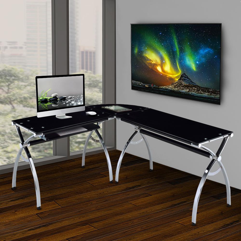Techni Mobili Black L Shaped Corner Desk With Tempered Glass Top