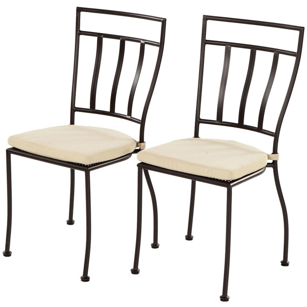 Alfresco Semplice Bistro Charcoal Black 19 In Stackable Metal Outdoor Dining Chair With Tan Cushion 2 Piece 28 3006 The Home Depot