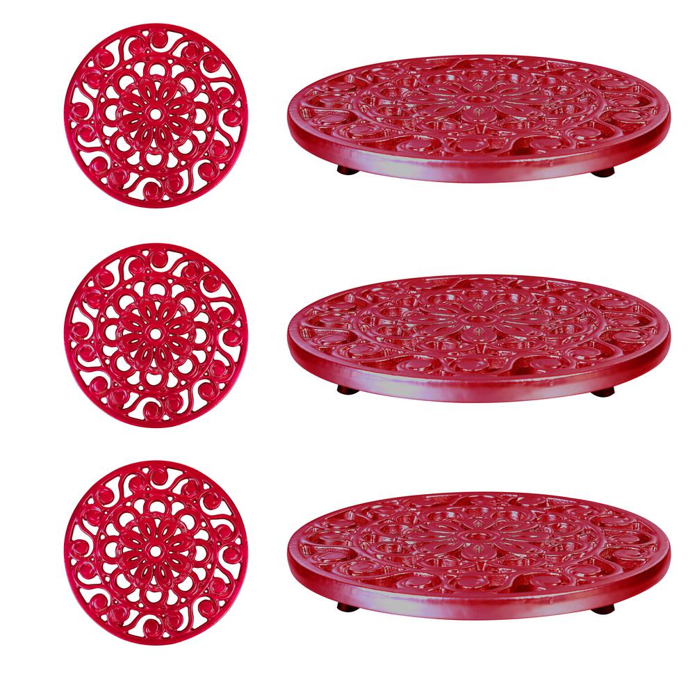 Trademark Innovations Decorative Red Cast Iron Metal Trivets Set