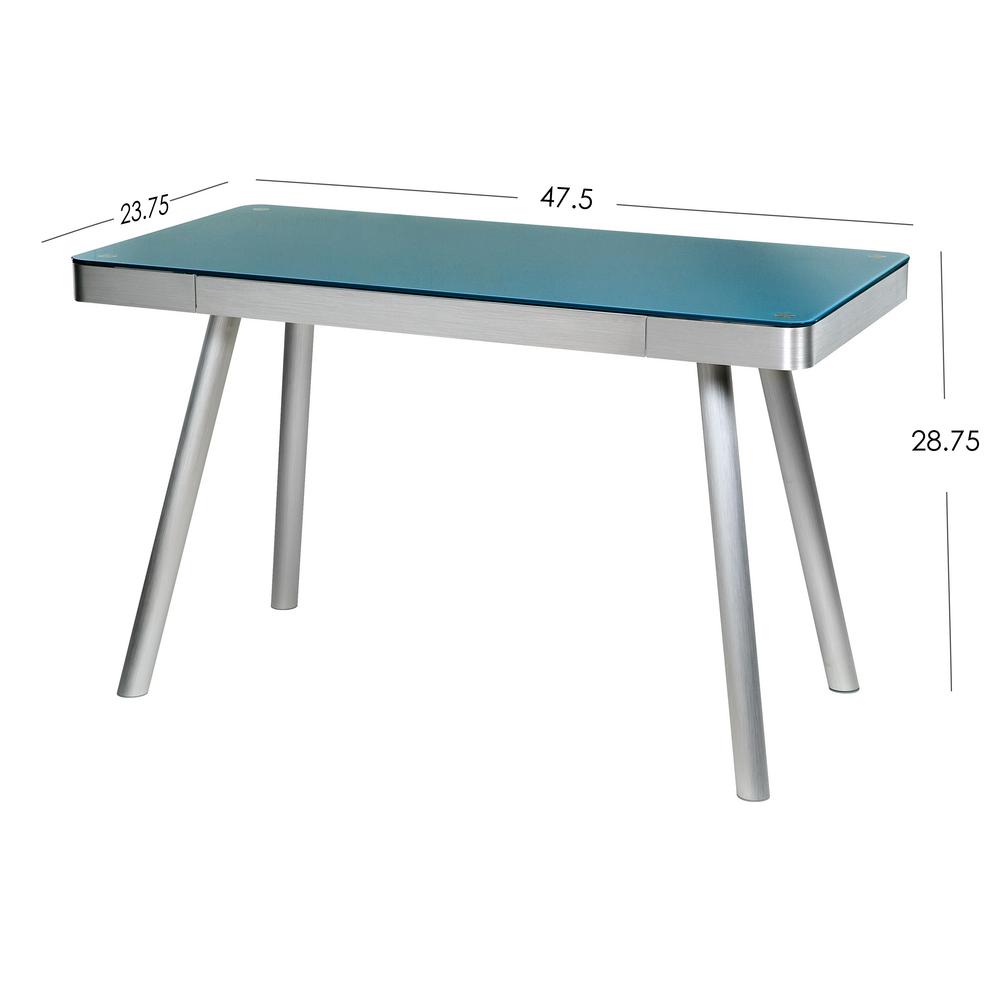 Onespace Cool Blue Glass Writing Desk With Brushed Aluminum Frame