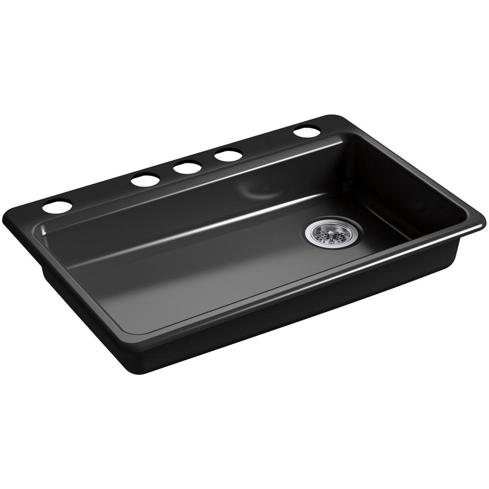 KOHLER Riverby Undermount Cast Iron 33 in. 5-Hole Single Bowl Kitchen Sink in Black Black-K-8689 ...