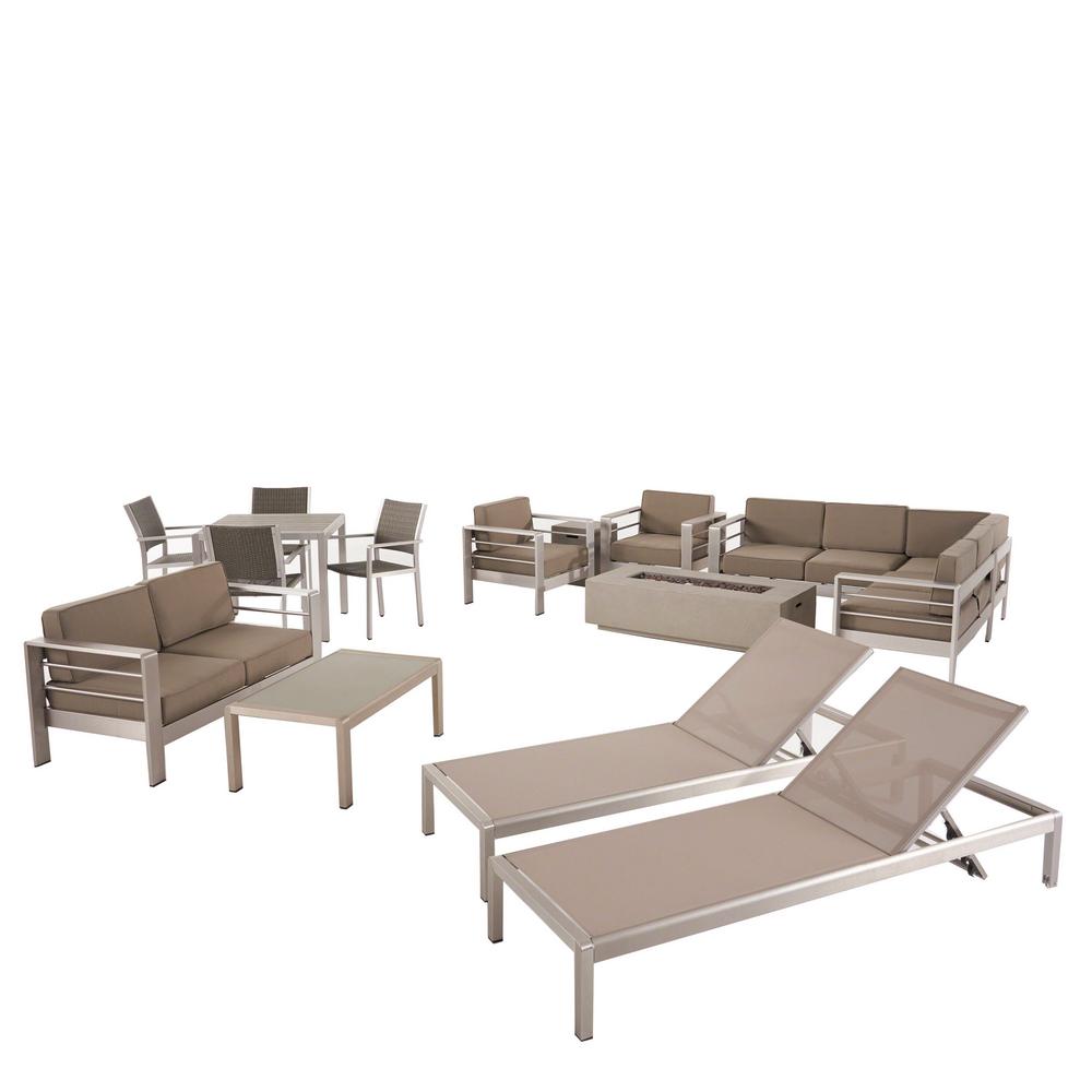 Noble House Cape Coral Silver 16 Piece Aluminum Patio Fire Pit Seating Set With Khaki Cushions 54981 The Home Depot