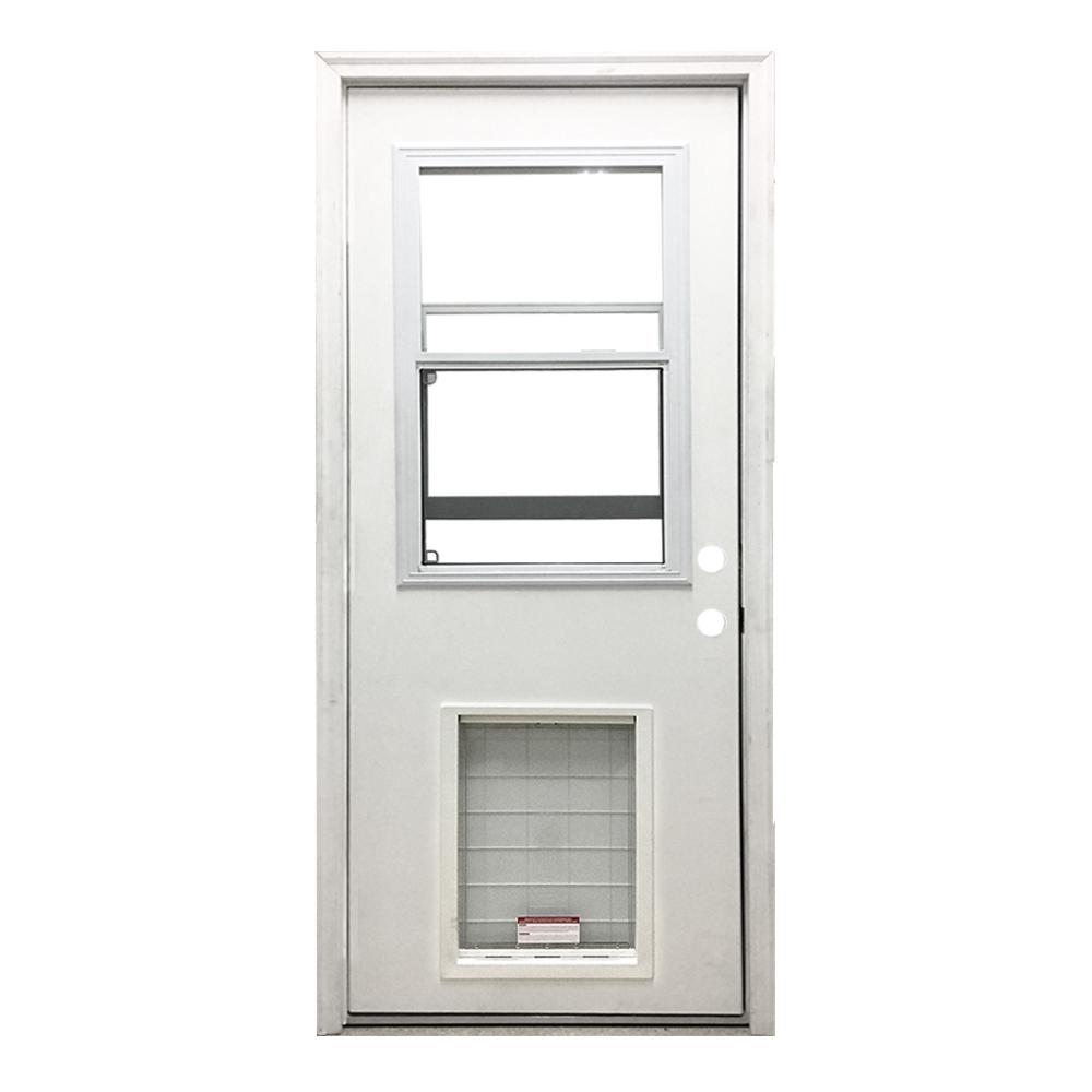 Steves Sons 32 In X 80 In Classic Clear Vented Half Lite Lhis White Primed Fiberglass Prehung Back Door With Sl Pet Door