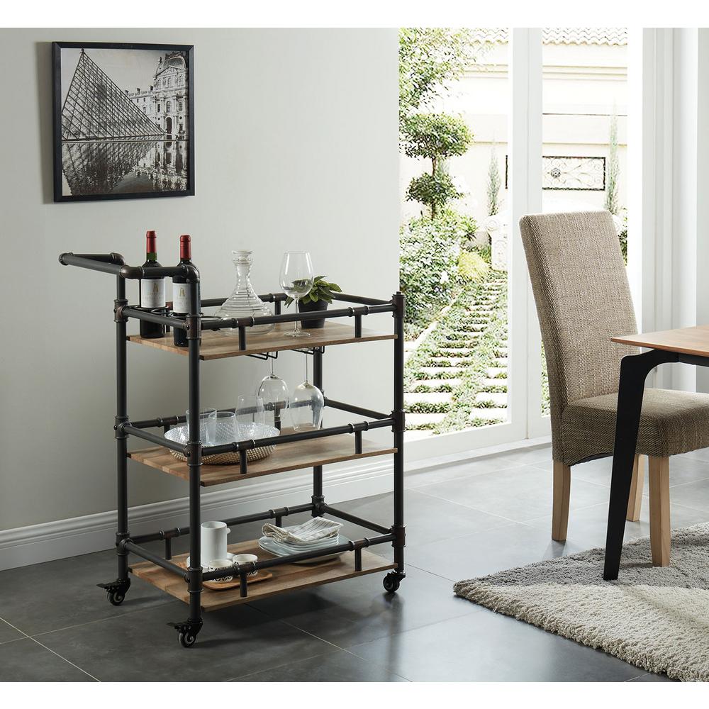Benjara Industrial Style Ash Wood Mobile Serving Bar Cart Black and Brown