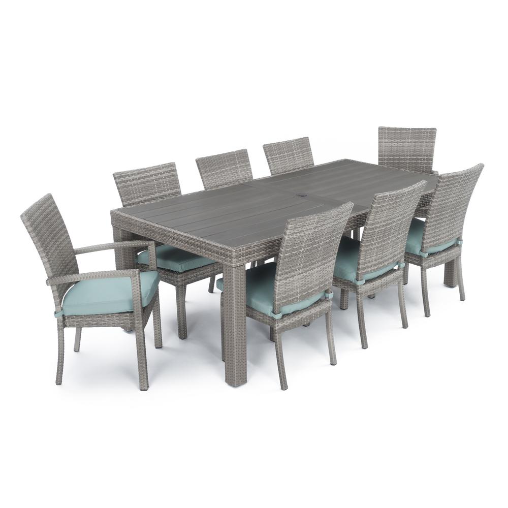 Rst Brands 10 Ft Aluminum Round Tilt Patio Umbrella In Bliss Blue Cannes 9 Piece Patio Woven Dining Set With Bliss Blue Cushions
