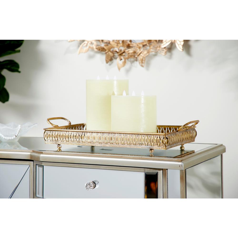Litton Lane Large Rectangular Metallic Gold Mirror Vanity Trays with Pierced Metal Designs ( Set