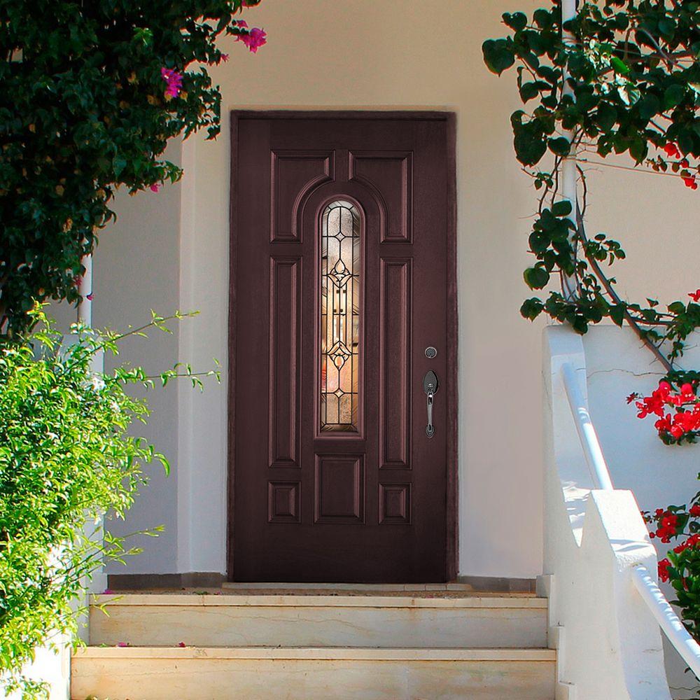 Masonite 36 In X 80 In Providence Center Arch Merlot Left Hand Stained Textured Fiberglass Prehung Front Door With Brickmold